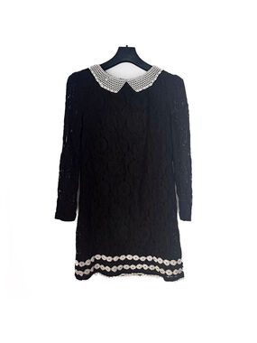 French VTG RENE DERHY Black Lace Long Sleeve Mini Dress Pearl Collar Crochet L